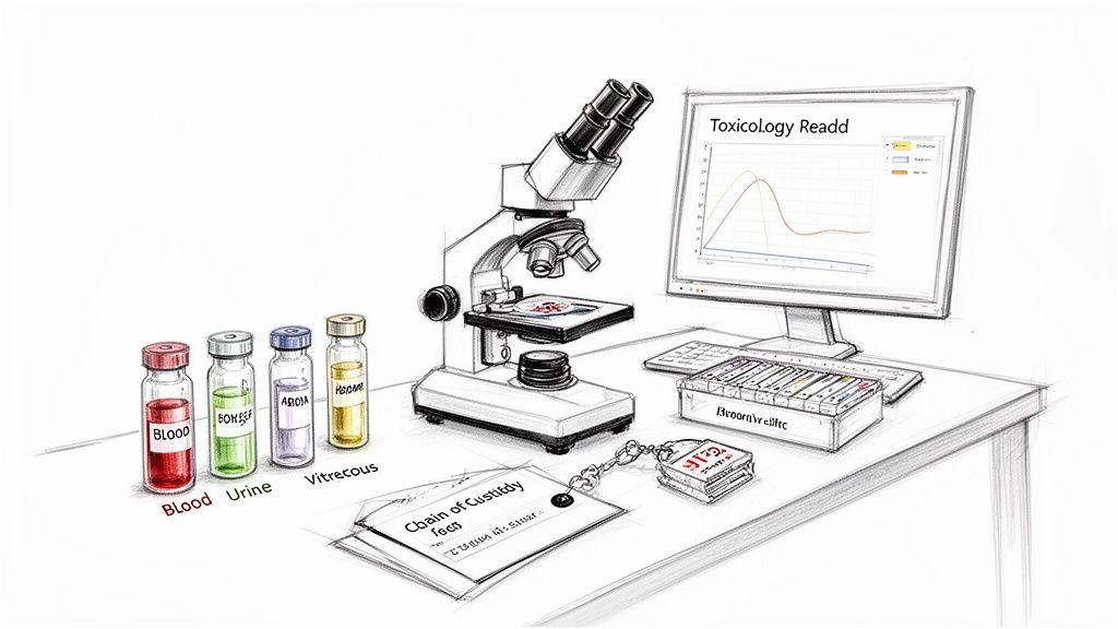 Forensic lab setup showing blood and urine samples, a microscope, and toxicology results on a monitor.