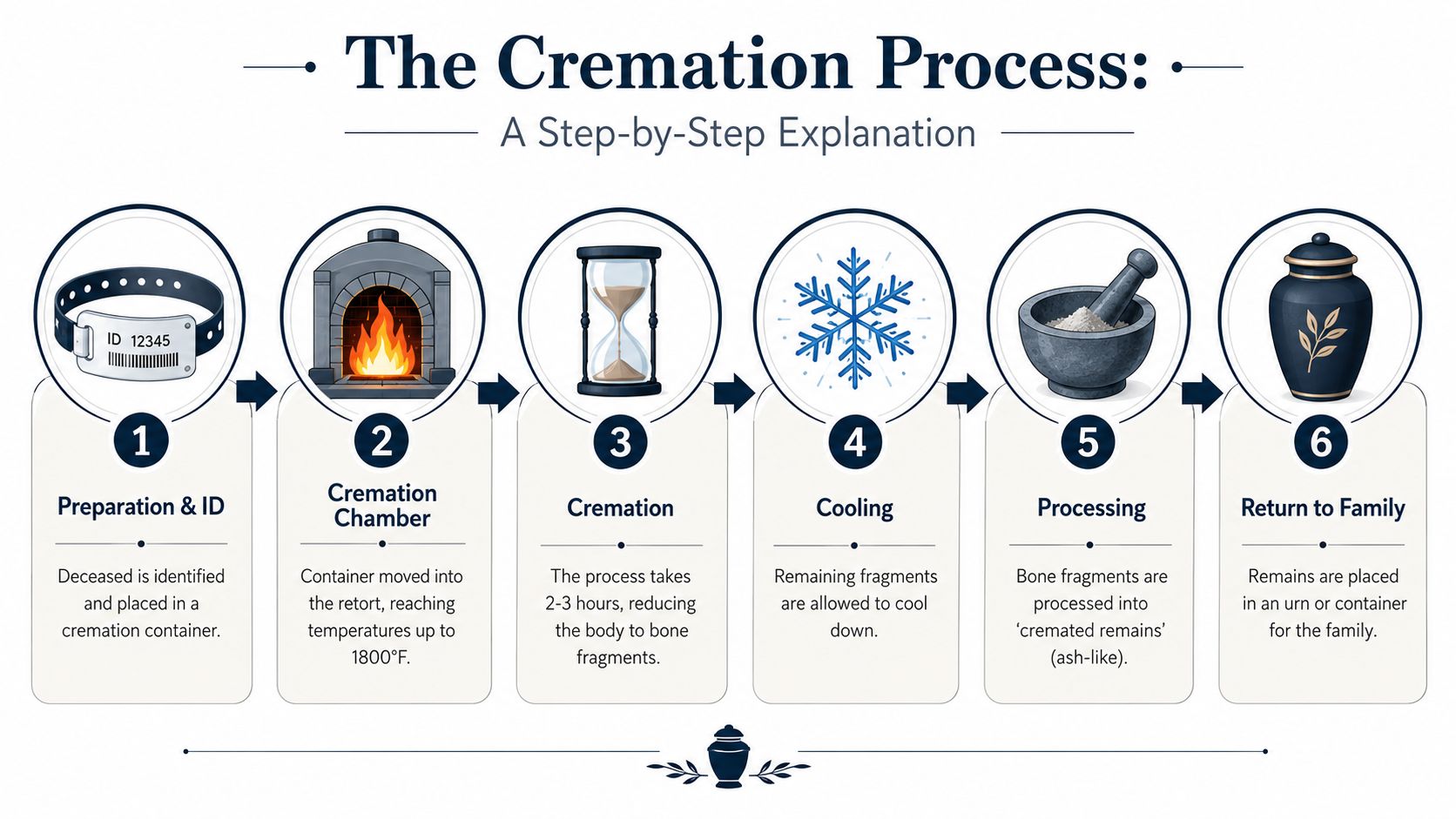 An infographic detailing the six steps of the cremation process from identification to returning remains to family.