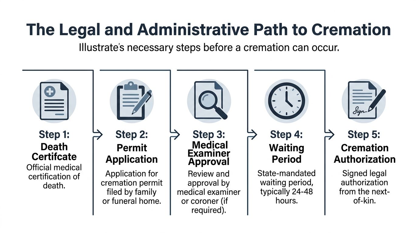 An infographic detailing the five essential legal and administrative steps required before a cremation can proceed.