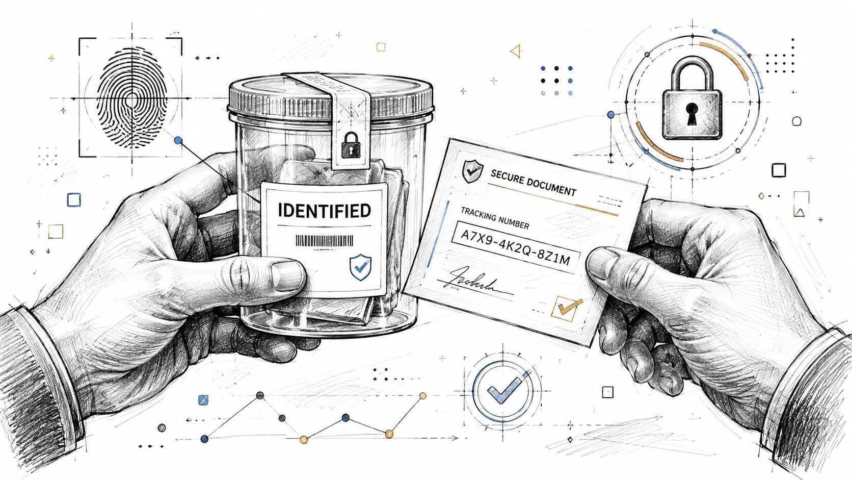A pencil sketch of hands holding a glass jar labeled identified alongside a secure document with tracking.