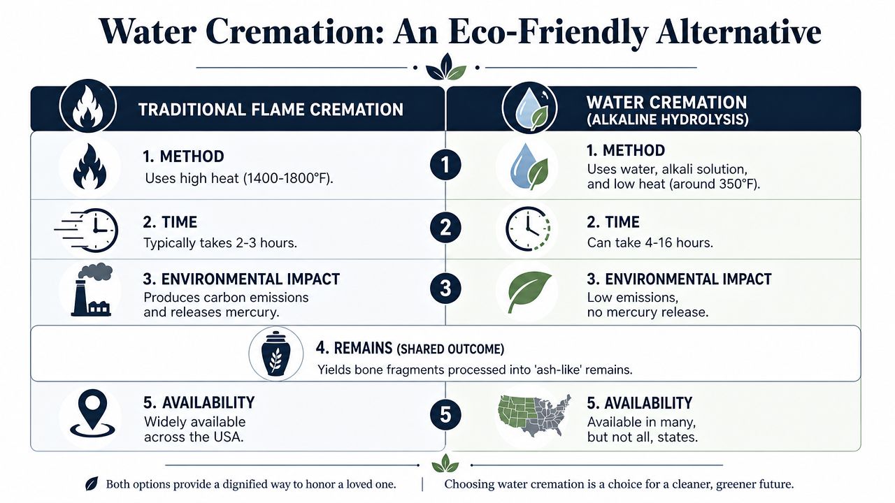 A comparison infographic between traditional flame cremation and water cremation highlighting methods, environmental impact, and availability.