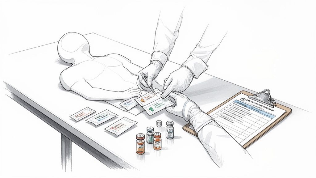 Two gloved hands meticulously label samples on a stylized human figure during a medical procedure, with vials and a checklist nearby.