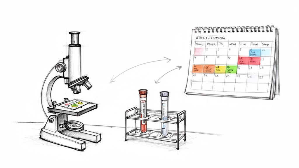 A sketch of a microscope, test tubes in a rack, and a calendar, illustrating lab work scheduling.