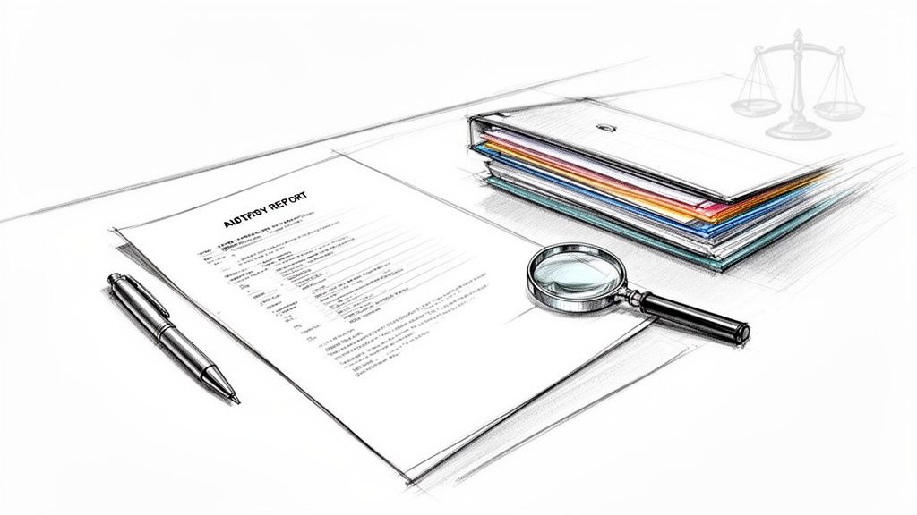 Sketch of an audit report, pen, magnifying glass, files, and scales for legal investigation.