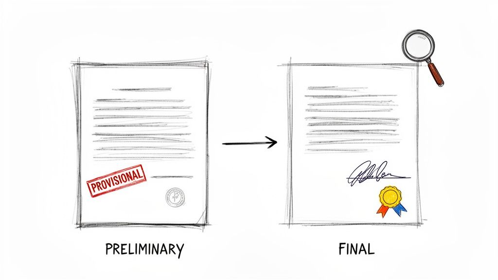 Illustration showing a preliminary provisional document transforming into a final, signed, and approved document with a medal.