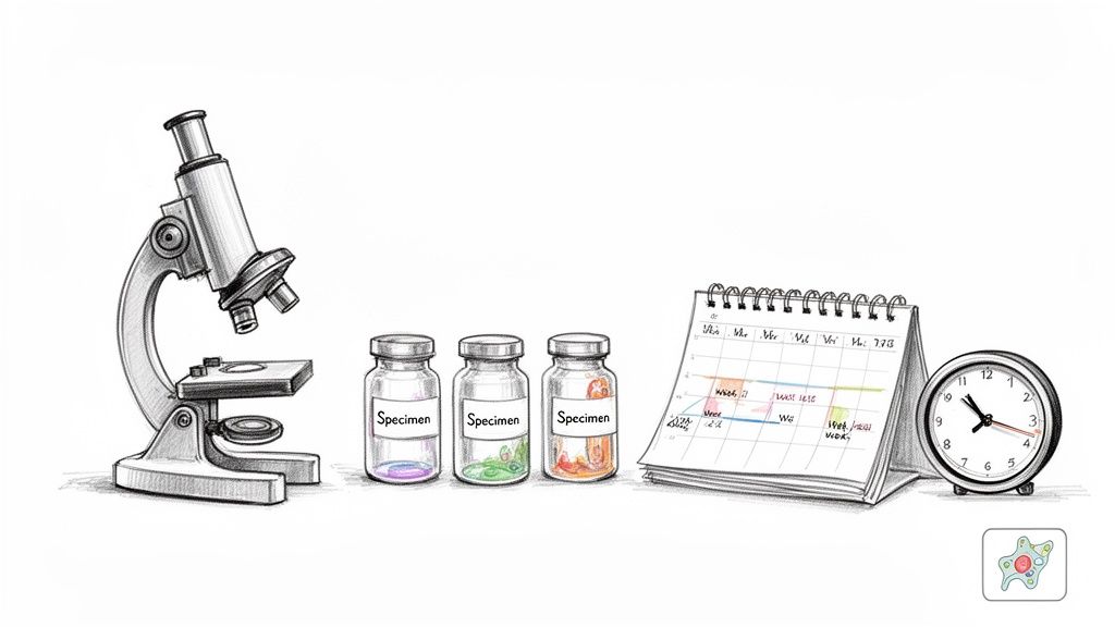 A sketch illustrating laboratory items: a microscope, three specimen jars, a calendar, and an alarm clock.