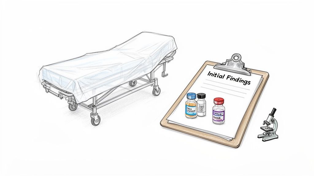 A medical scene showing a hospital gurney, clipboard with 'Initial Findings', various vials, and a microscope.