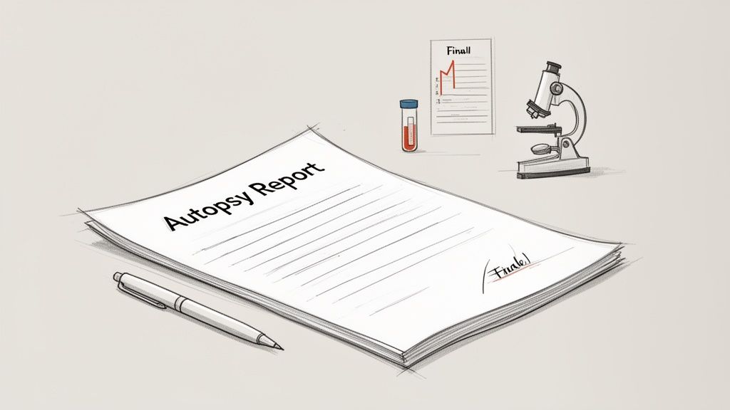 A sketch depicting an autopsy report document, a pen, a blood test tube, a chart, and a microscope.