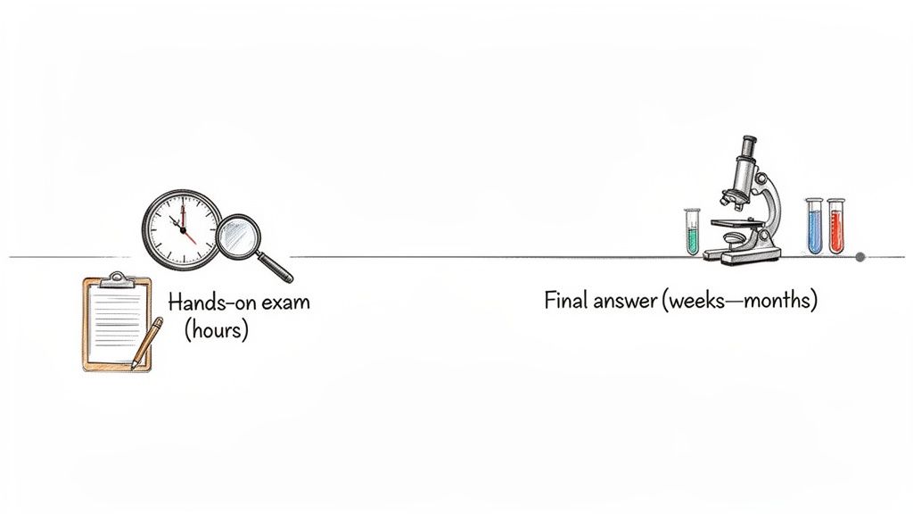 Timeline illustrating an autopsy process from hands-on exam (hours) to final answer (weeks-months) with lab equipment.