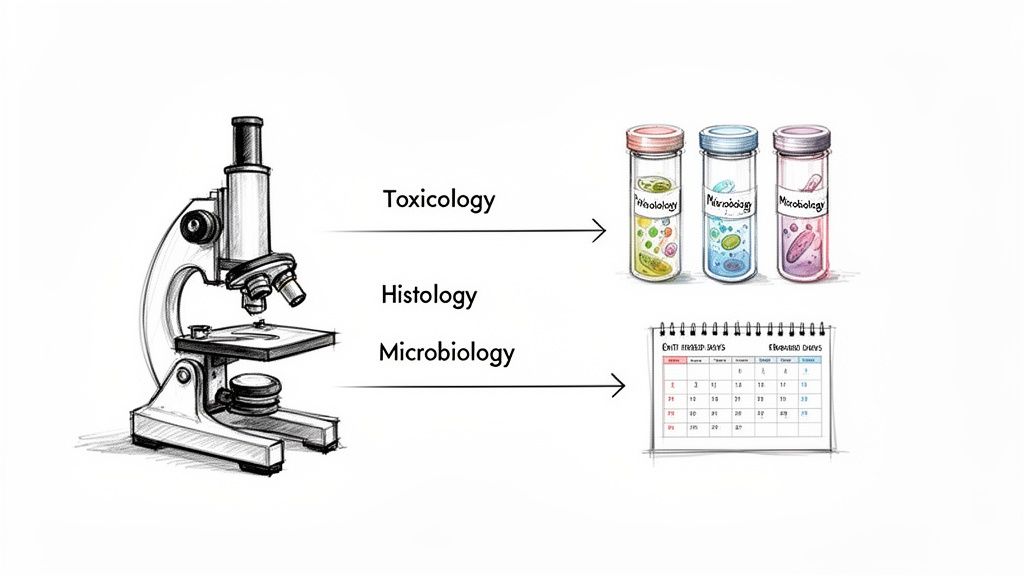 A microscope linking scientific disciplines: toxicology, histology with test tubes, and microbiology with a calendar.