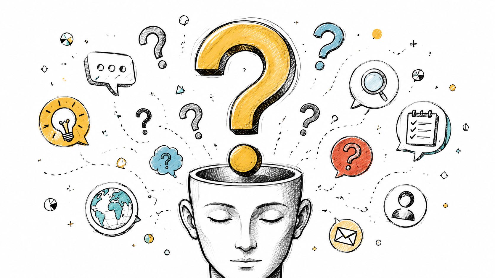 A hand-drawn illustration of a human head with a large yellow question mark rising from within.