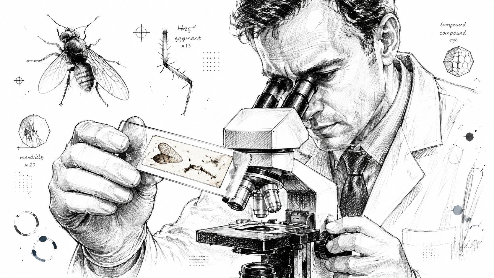 A detailed pen and ink sketch of a scientist examining a slide under a microscope.