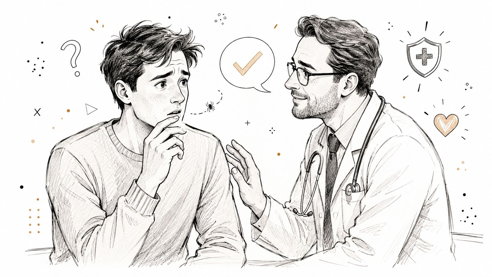 A concerned patient talking to a professional doctor with a spider icon hovering near their mouth.