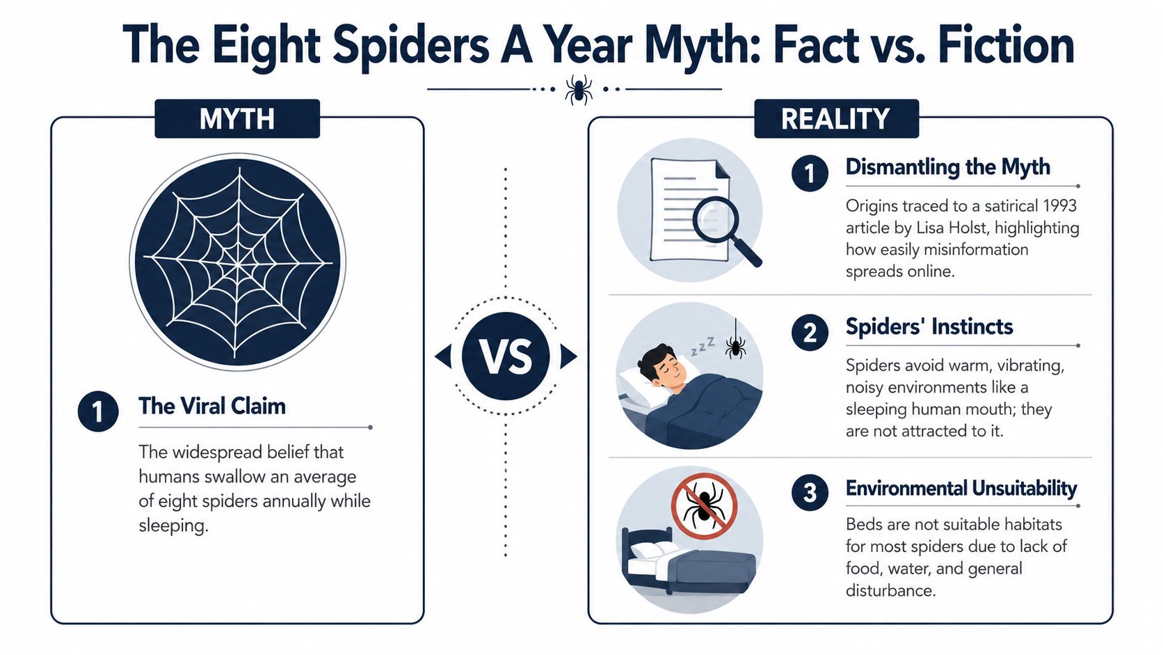 An infographic debunking the myth that humans swallow eight spiders per year while sleeping in bed.