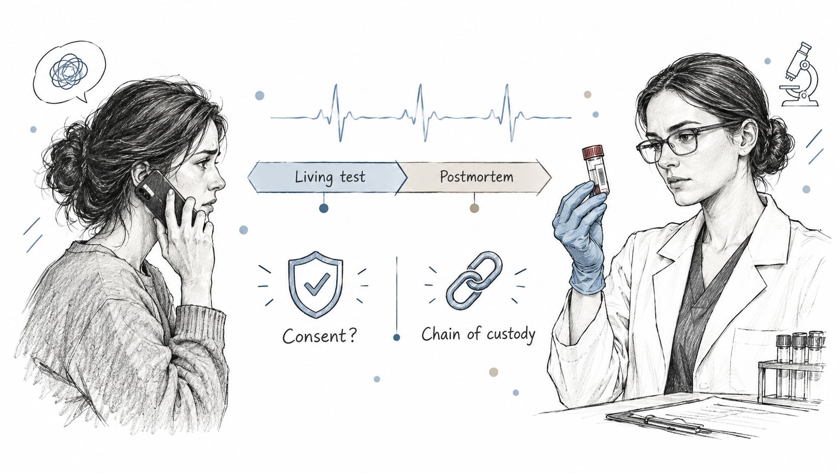 A pencil-style illustration showing a woman on the phone and a scientist examining a medical sample vial.