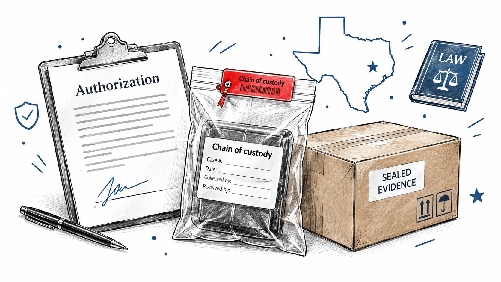 Legal documentation, chain of custody evidence bag, and a sealed box representing evidence collection procedures.