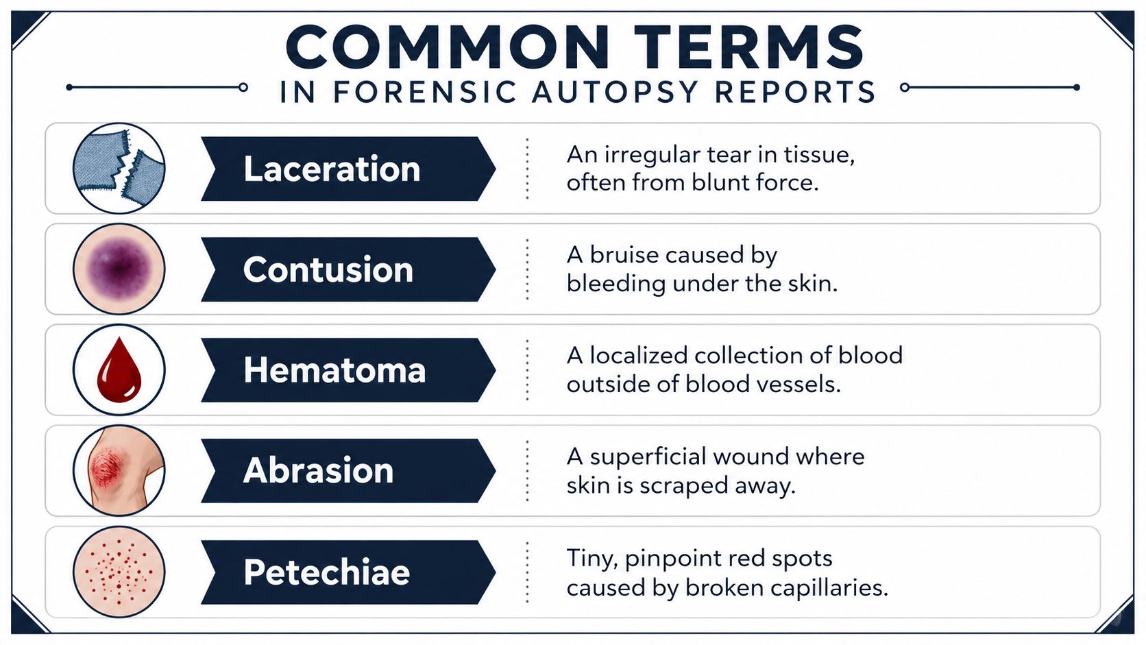 An infographic defining common forensic autopsy terms including laceration, contusion, hematoma, abrasion, and petechiae with visual examples.