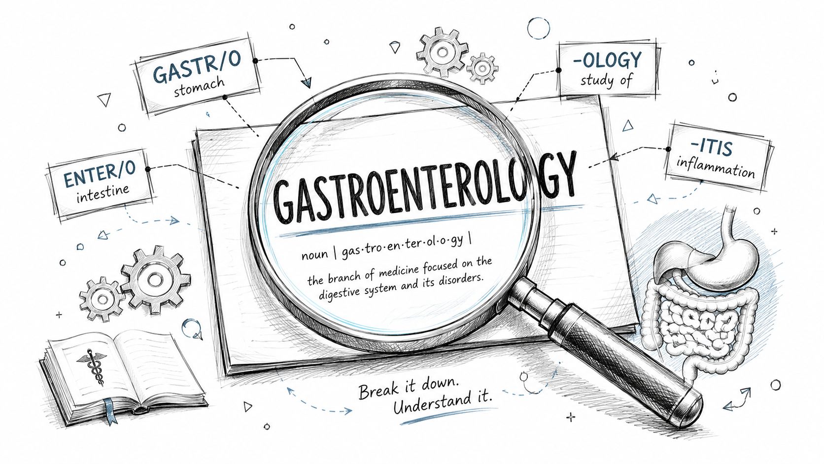 A magnifying glass focusing on the word gastroenterology, with broken down medical roots and digestive system illustrations.