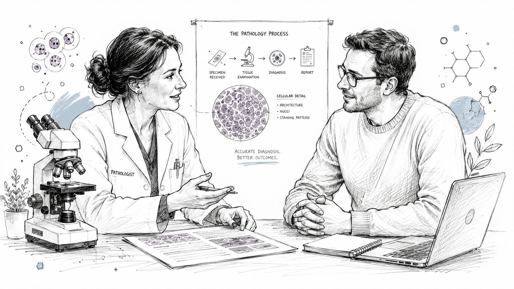 A female pathologist discussing a pathology report and diagnostic process with a patient in an office.