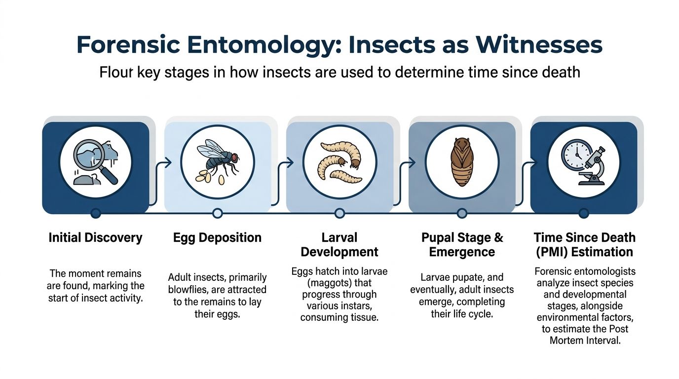 A diagram illustrating the five key stages of forensic entomology in determining the post-mortem interval of remains.
