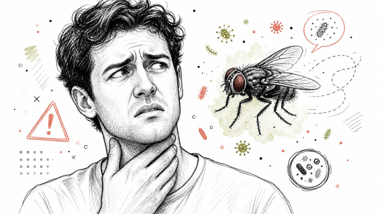 A sketched illustration of a worried man touching his throat while a large housefly hovers nearby.