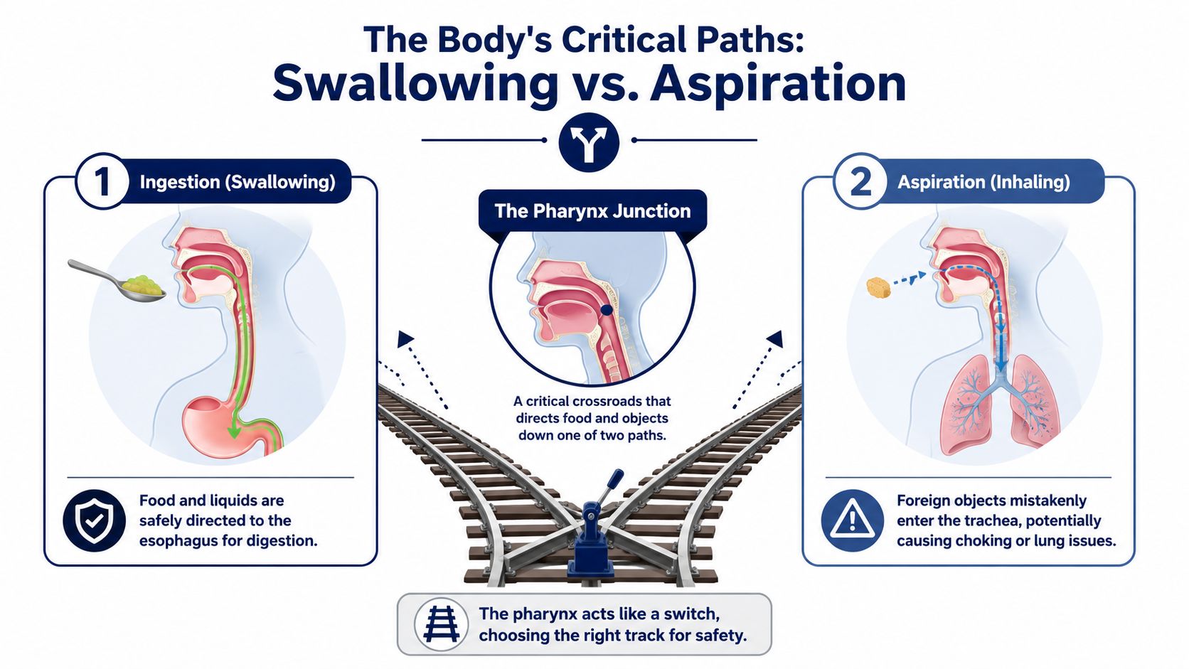 An infographic illustrating the difference between normal swallowing of food and dangerous aspiration into the lungs.