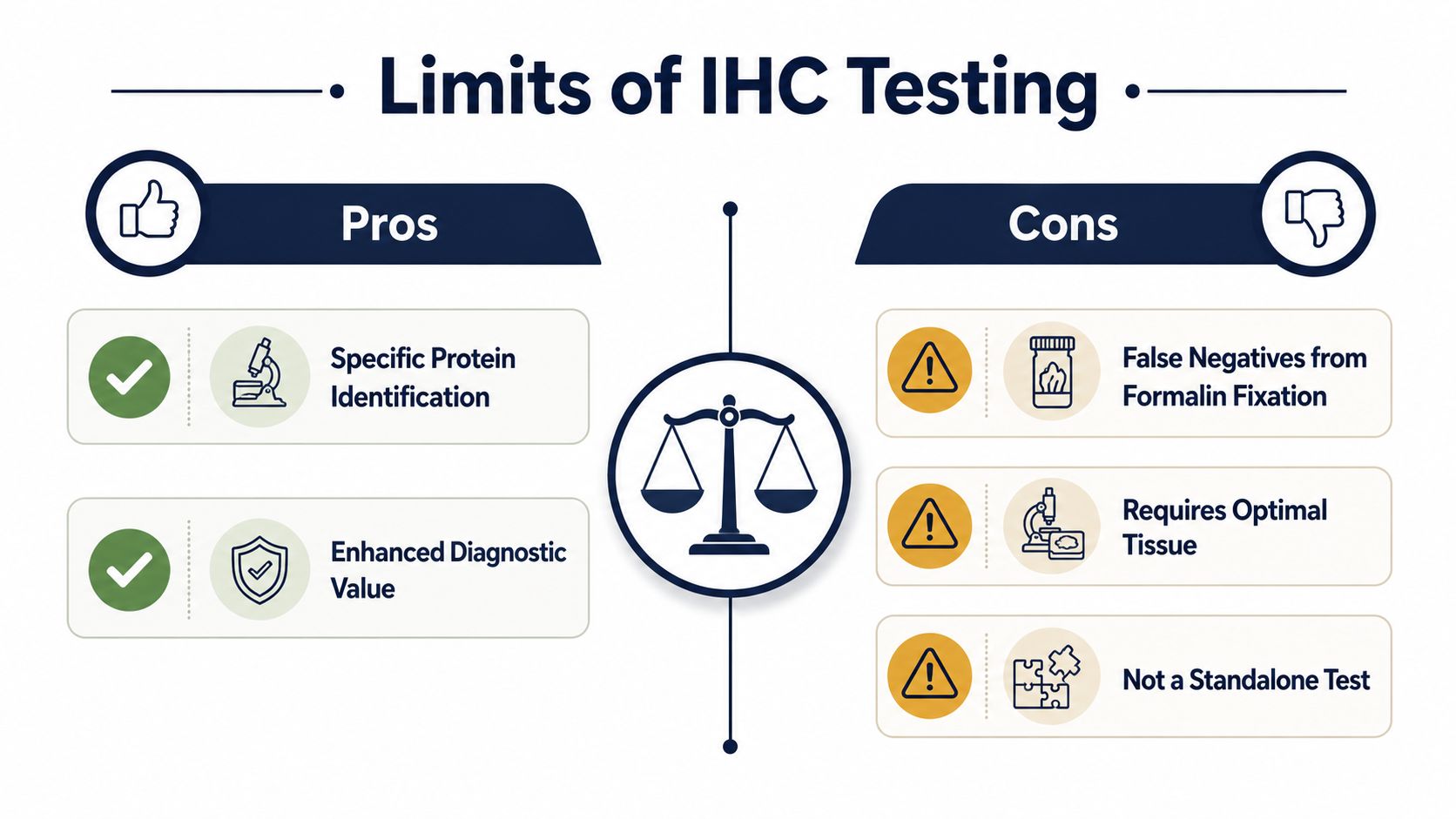 An infographic comparing the pros and cons of immunohistochemistry testing with a balance scale in the center.