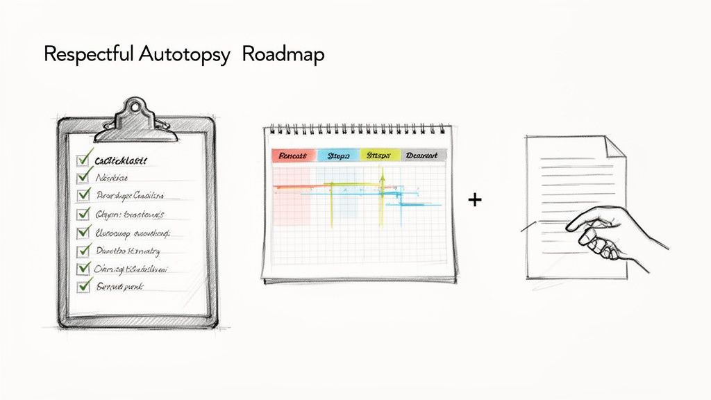 Visualizing a respectful autopsy roadmap, combining a checklist, project plan, and signed document.