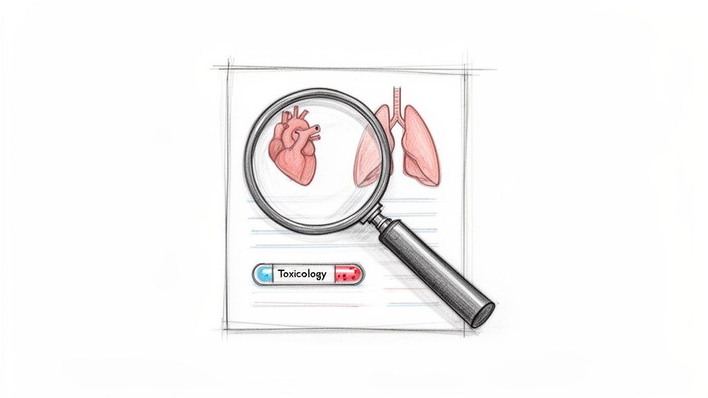 Sketch of a magnifying glass examining a heart and lungs, alongside a 'Toxicology' pill.