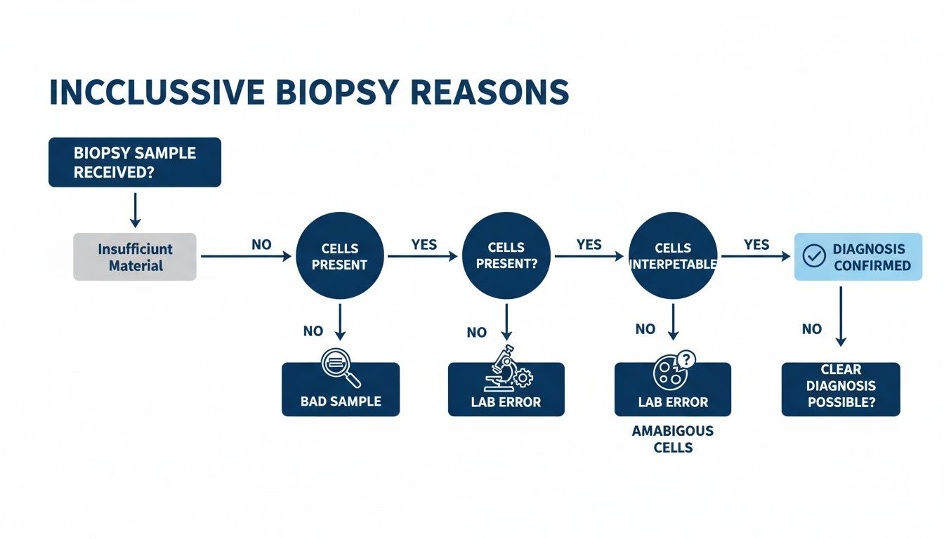 Flowchart illustrating reasons for inconclusive biopsy results, from sample receipt to diagnosis.