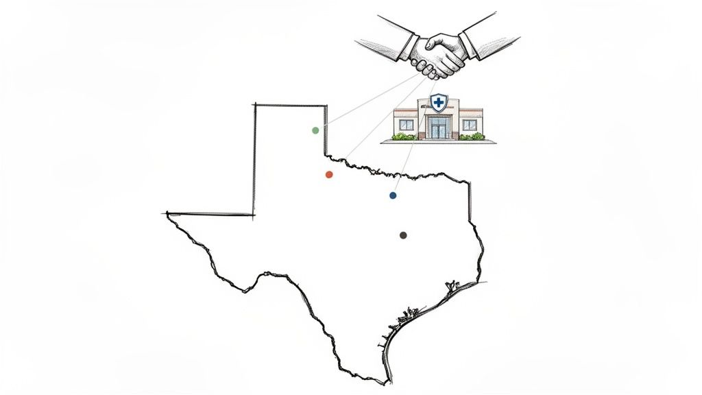 Sketch of Texas map with multiple locations linked to a hospital and a handshake.