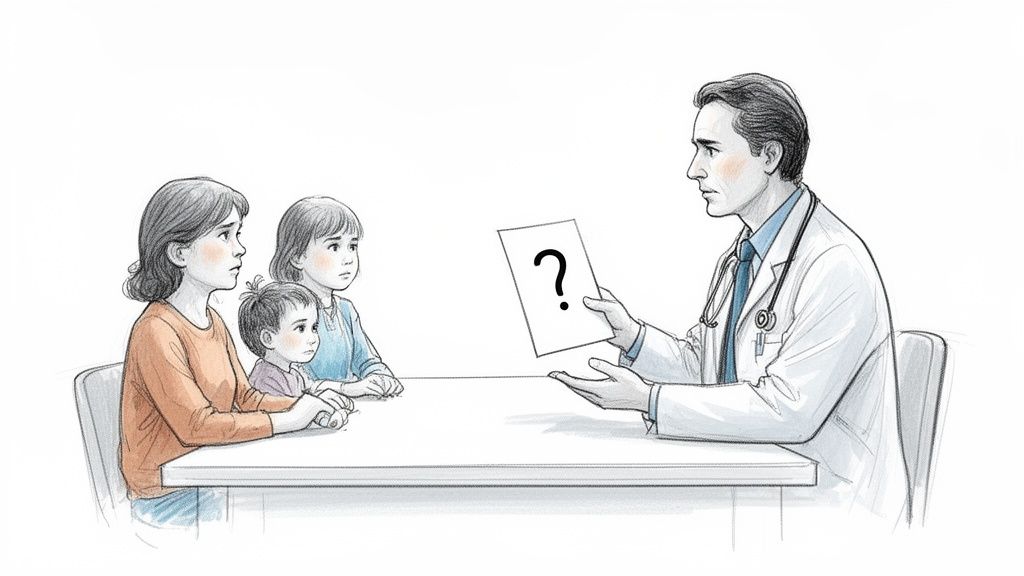 A doctor explains uncertain results to a worried mother and her two young children.