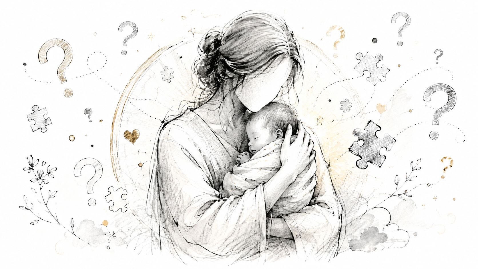 A gentle sketch of a faceless mother holding a newborn baby surrounded by puzzle pieces and questions.