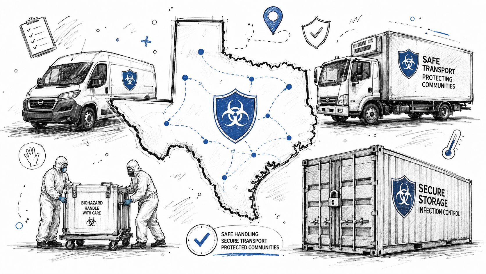 A professional illustration of biohazard logistics, featuring transport vehicles, secure storage containers, and safety-geared personnel in Texas.