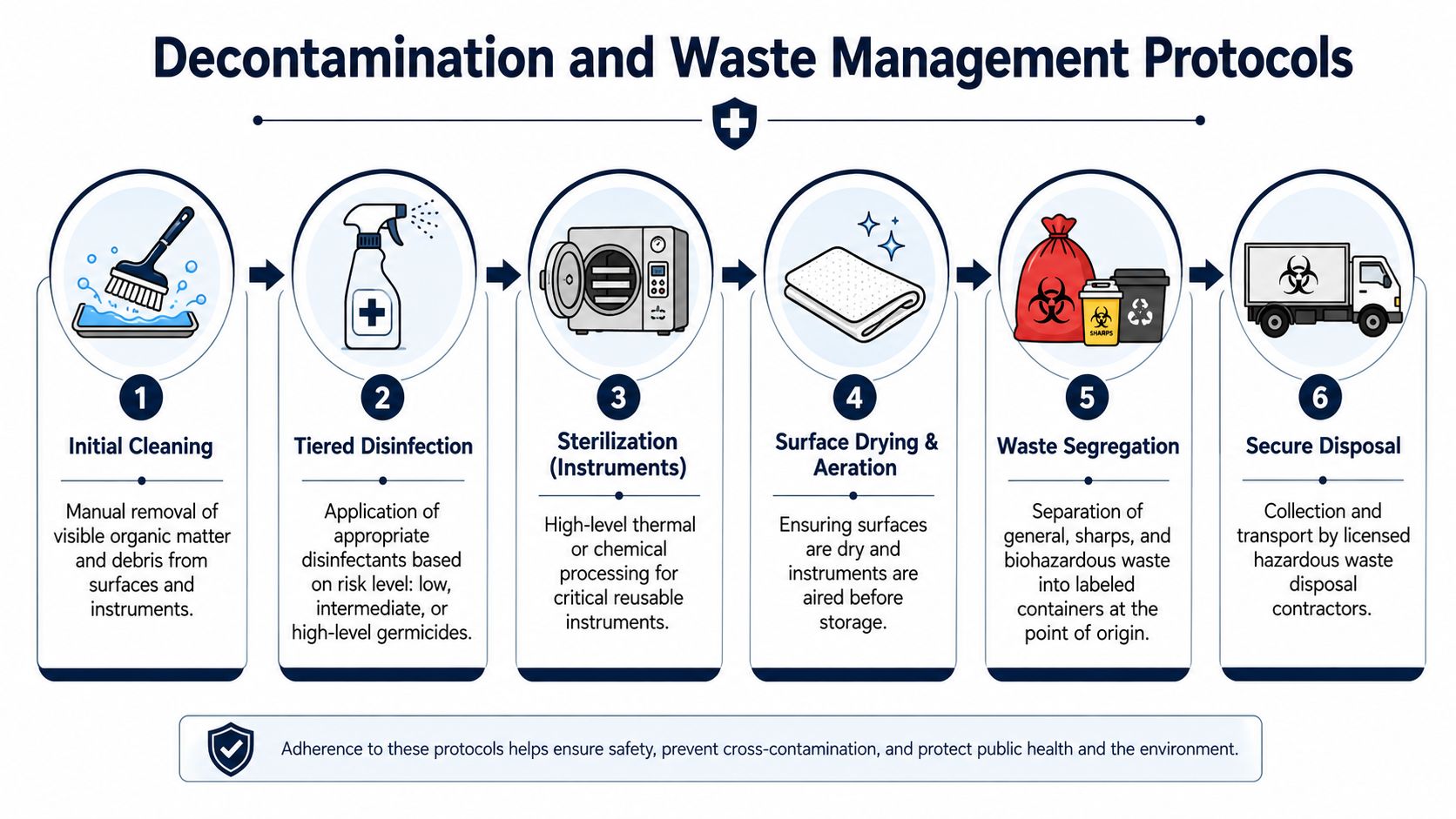 A six-step infographic showing the medical decontamination and waste management protocols for cleaning and sanitizing clinical instruments.