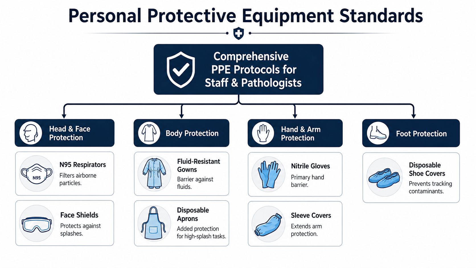 A visual guide illustrating PPE standards for medical staff, including face, body, hand, and foot protection equipment.