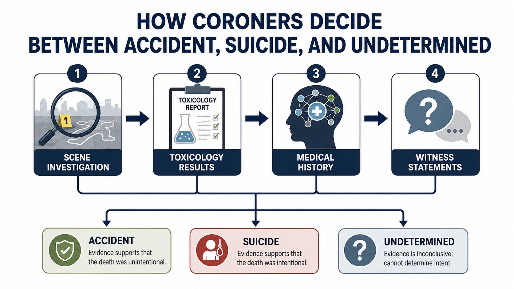 A flowchart explaining how coroners determine if a death is an accident, suicide, or undetermined based on evidence.