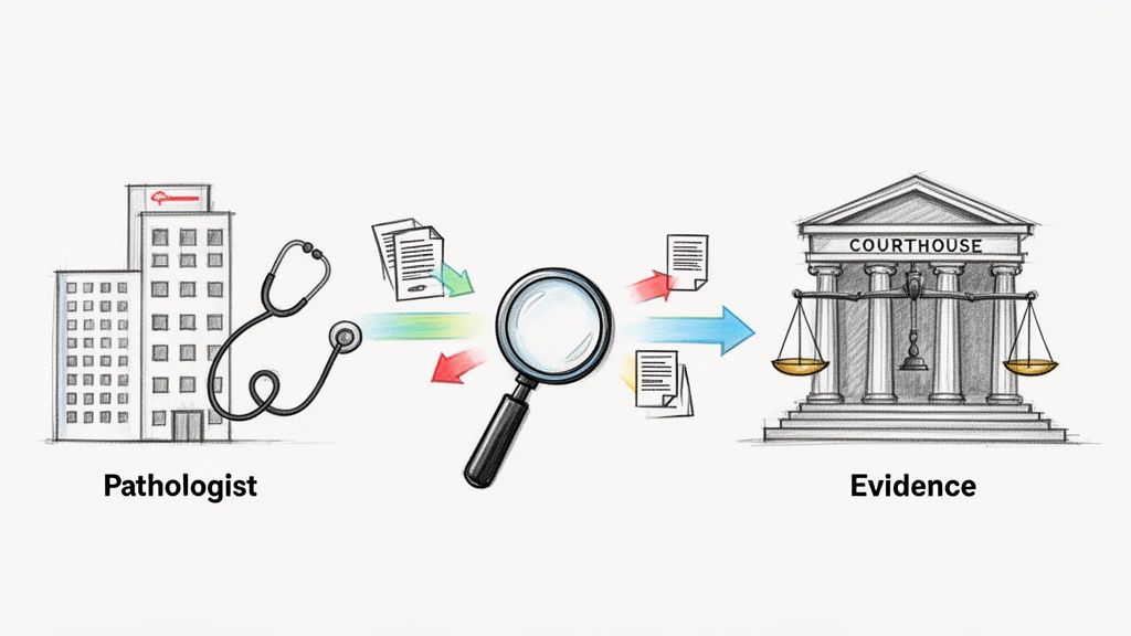 Illustration depicting a pathologist's work, examining documents with a magnifying glass to produce legal evidence for a courthouse.