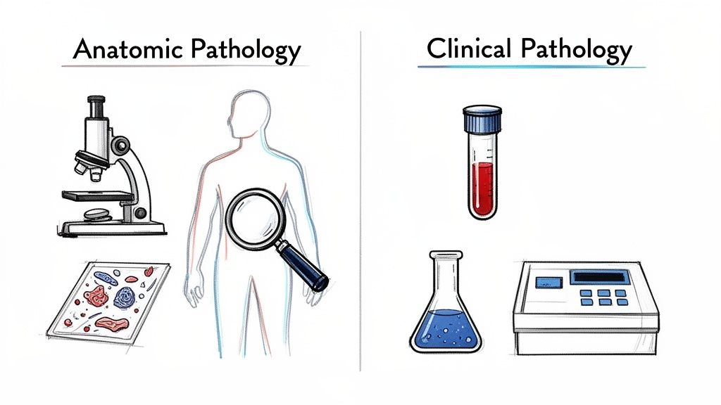 Illustrative comparison of anatomic pathology, showing tissues and microscopes, versus clinical pathology, with blood samples and lab equipment.