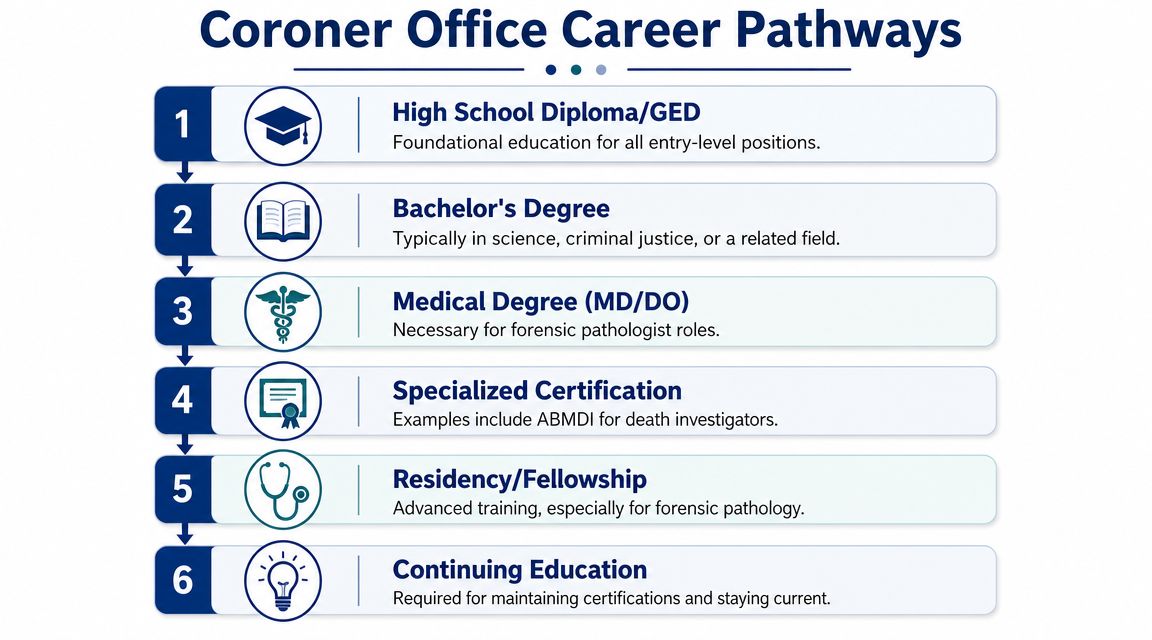 A six-step infographic detailing the educational and professional career pathways for working within a coroner office.