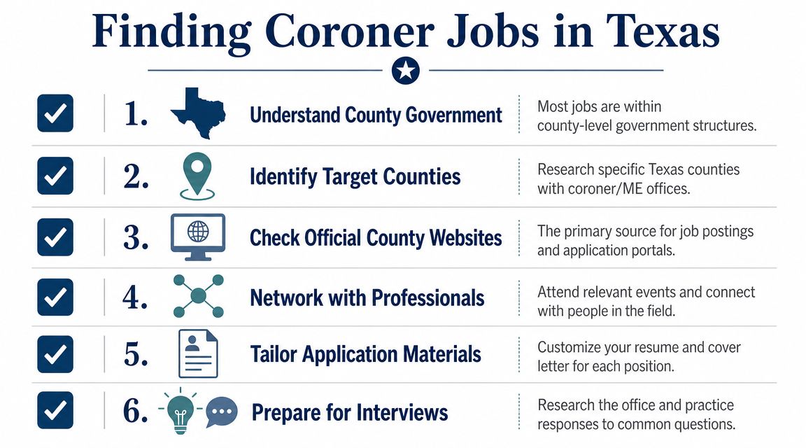 A six-step checklist infographic titled Finding Coroner Jobs in Texas outlining a professional career search process.