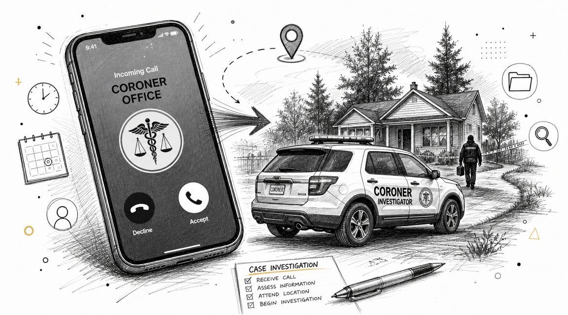 A digital illustration showing a coroner office investigator responding to a call at a residential crime scene.