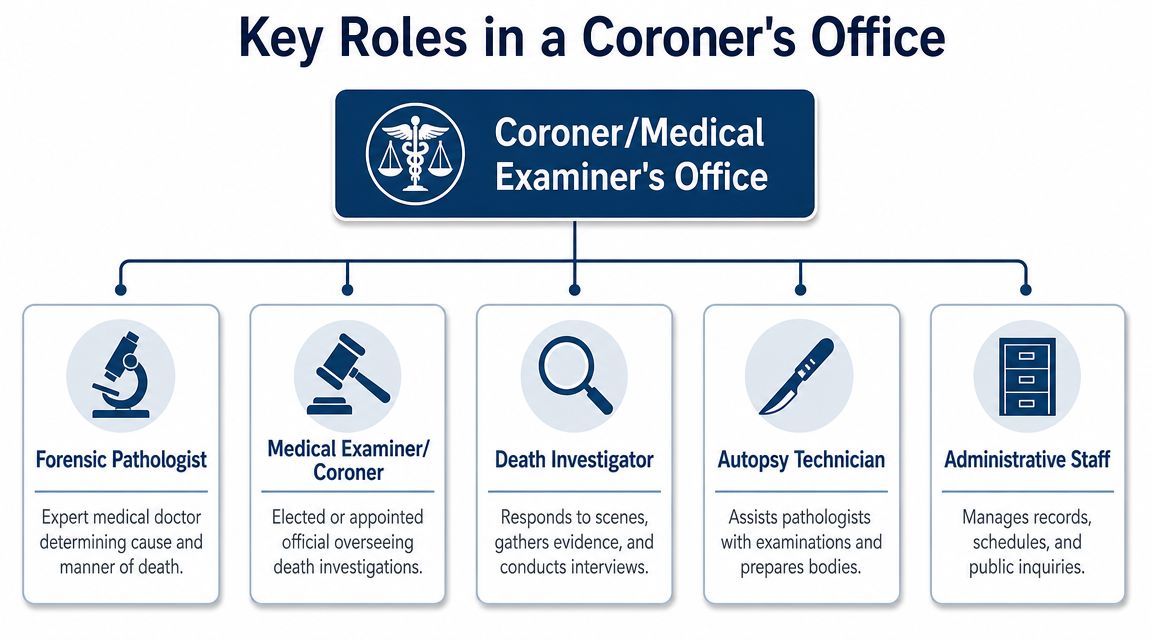 An organizational chart showing key professional roles in a Coroner's or Medical Examiner's office.