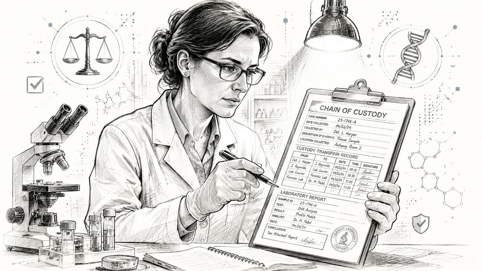 A forensic scientist in a lab coat documenting evidence on a chain of custody form.