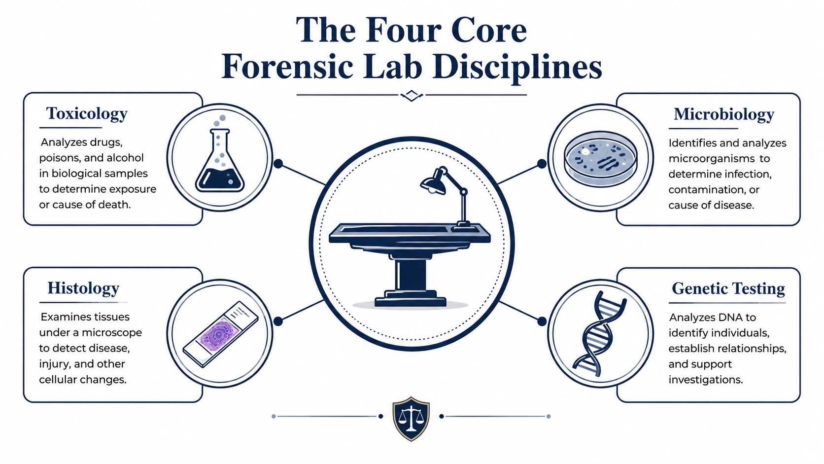 A professional infographic illustrating the four core forensic lab disciplines of toxicology, microbiology, histology, and genetic testing.