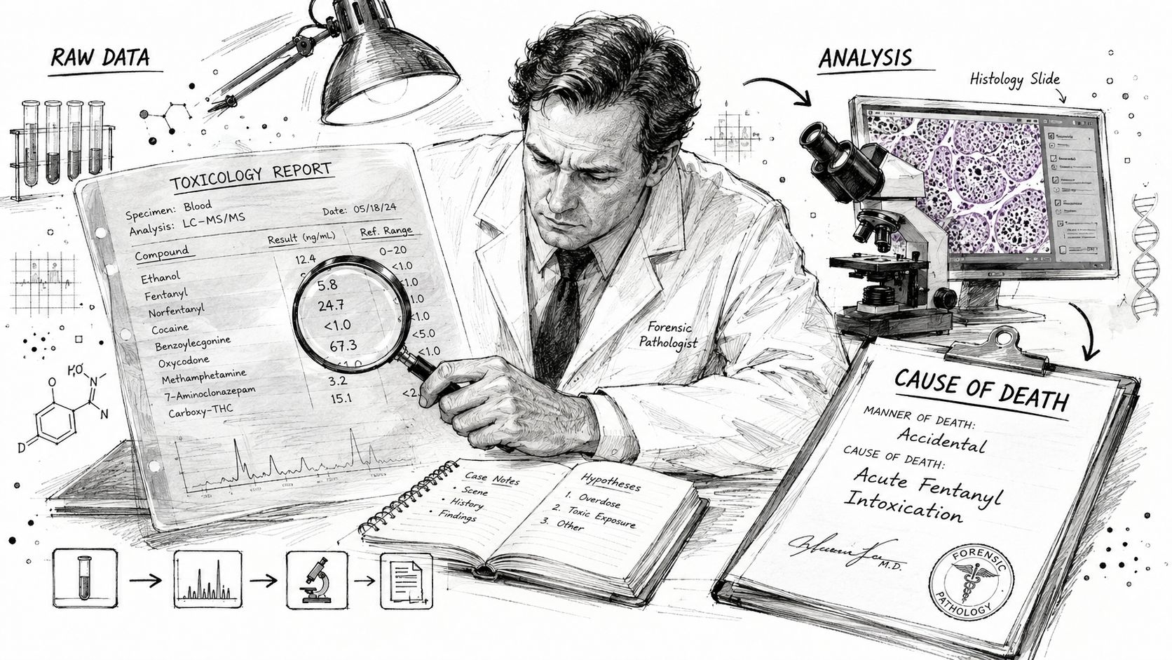 A forensic pathologist analyzing a toxicology report and determining the cause of death in a laboratory setting.