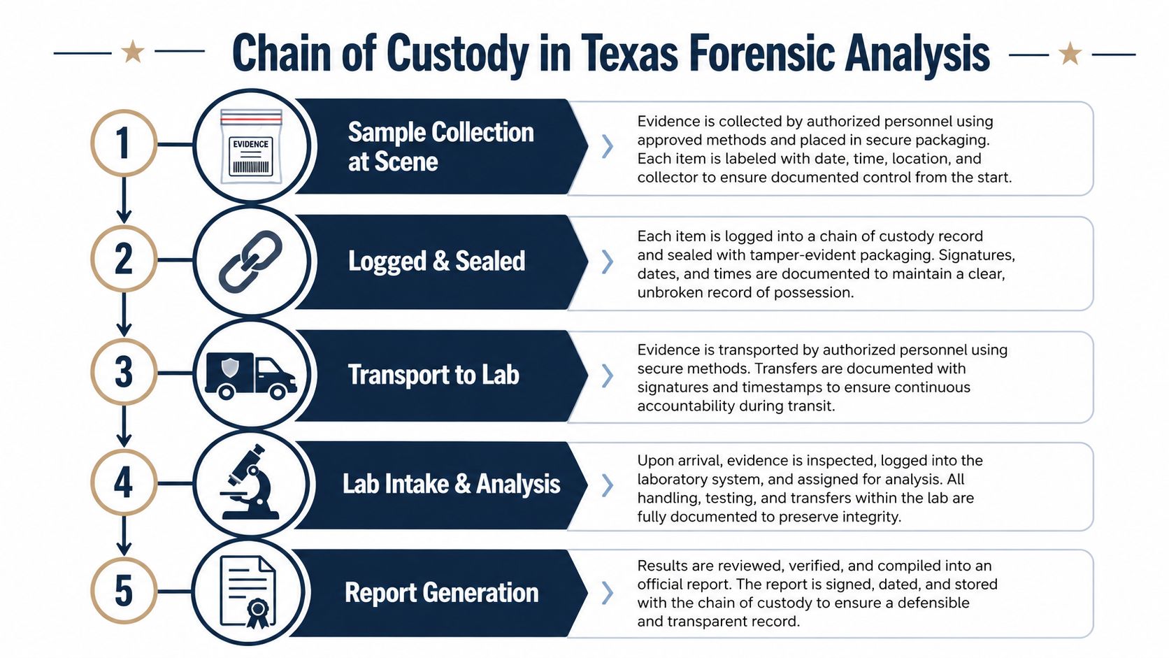A flowchart showing the five-step chain of custody process for forensic evidence analysis in Texas laboratories.
