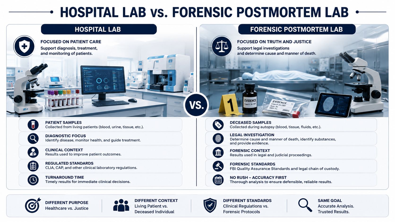 A comparison chart showing the differences between hospital laboratory patient care and forensic postmortem laboratory legal investigations.