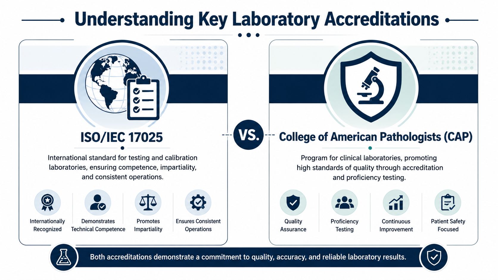 A comparison infographic between ISO/IEC 17025 and College of American Pathologists (CAP) laboratory accreditation standards.