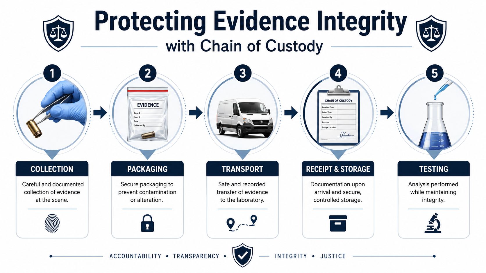 An infographic illustrating the five steps of forensic evidence chain of custody from collection to laboratory testing.